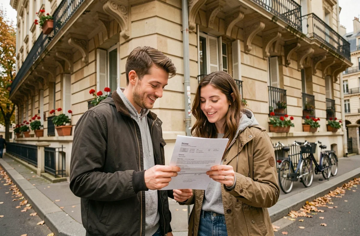 Deux jeunes actifs devant un immeuble parisien en train d'examiner un contrat de location appartement