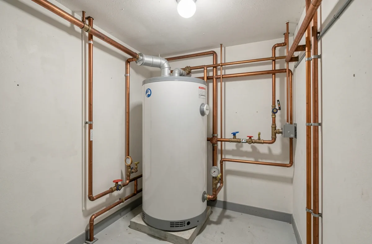 Local technique d'immeuble avec chaudière et ballon d'eau chaude collectif