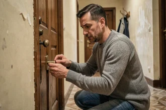 Locataire examinant une nouvelle serrure sur la porte de son appartement en cas de litige de loyer