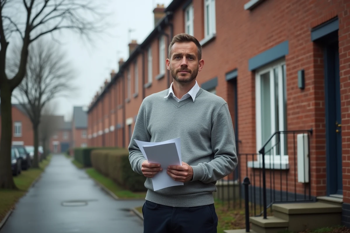 Locataire tenant les clés et le bail d'une maison en briques typique du Nord de la France
