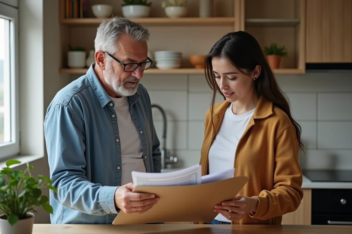 Propriétaire et locataire discutant de documents dans la cuisine