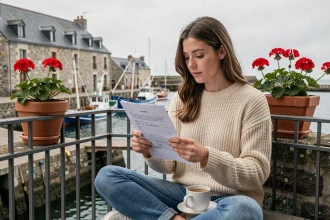 Jeune femme consultant un contrat de location sur un balcon avec vue sur le port de Concarneau