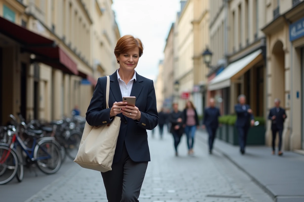 Femme active marchant dans une rue commerçante de Rouen pour illustrer la location en grande ville en Seine-Maritime