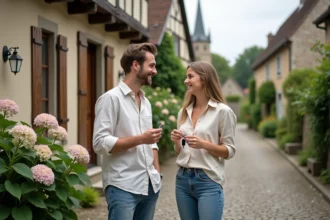 Couple de jeunes professionnels devant une maison normande à colombages à louer dans un village de Seine-Maritime