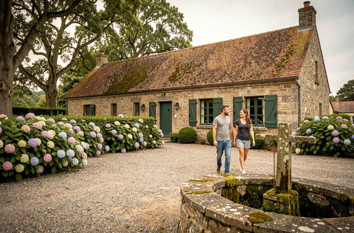 Longère bretonne à vendre avec cour en gravier et jardin de campagne, couple visitant la propriété
