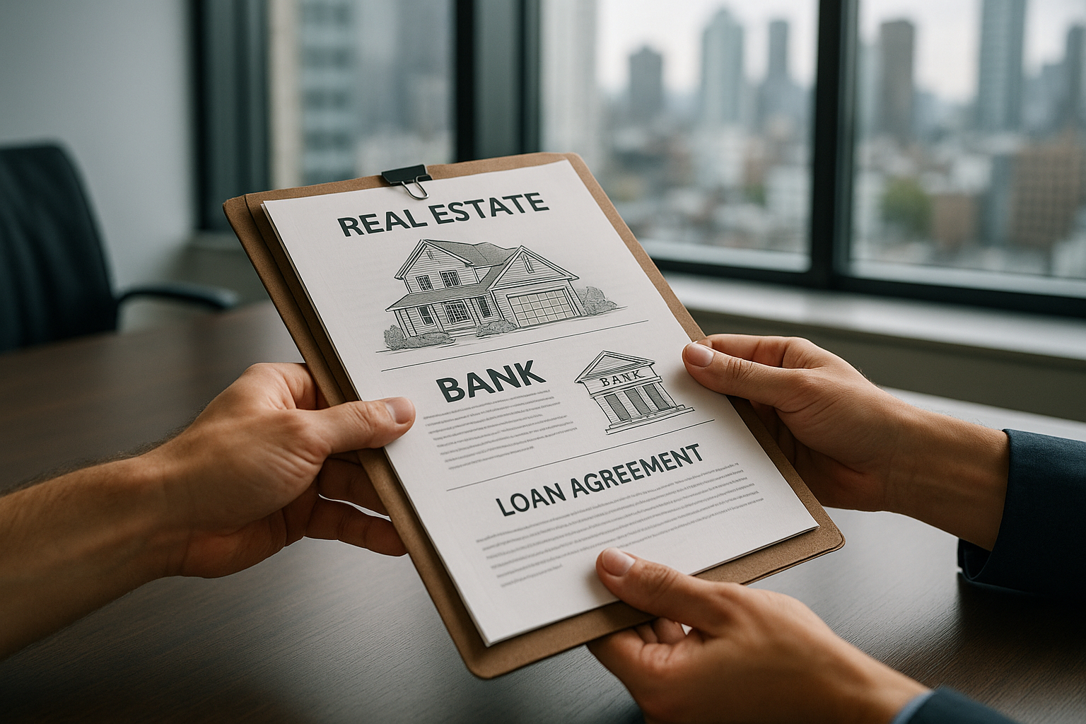 Mains passant un dossier de documents immobiliers sur une table moderne