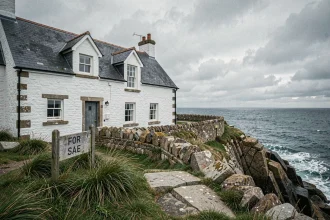 Maison de pêcheur à vendre en Bretagne avec vue mer sur falaise rocheuse et panneau de vente