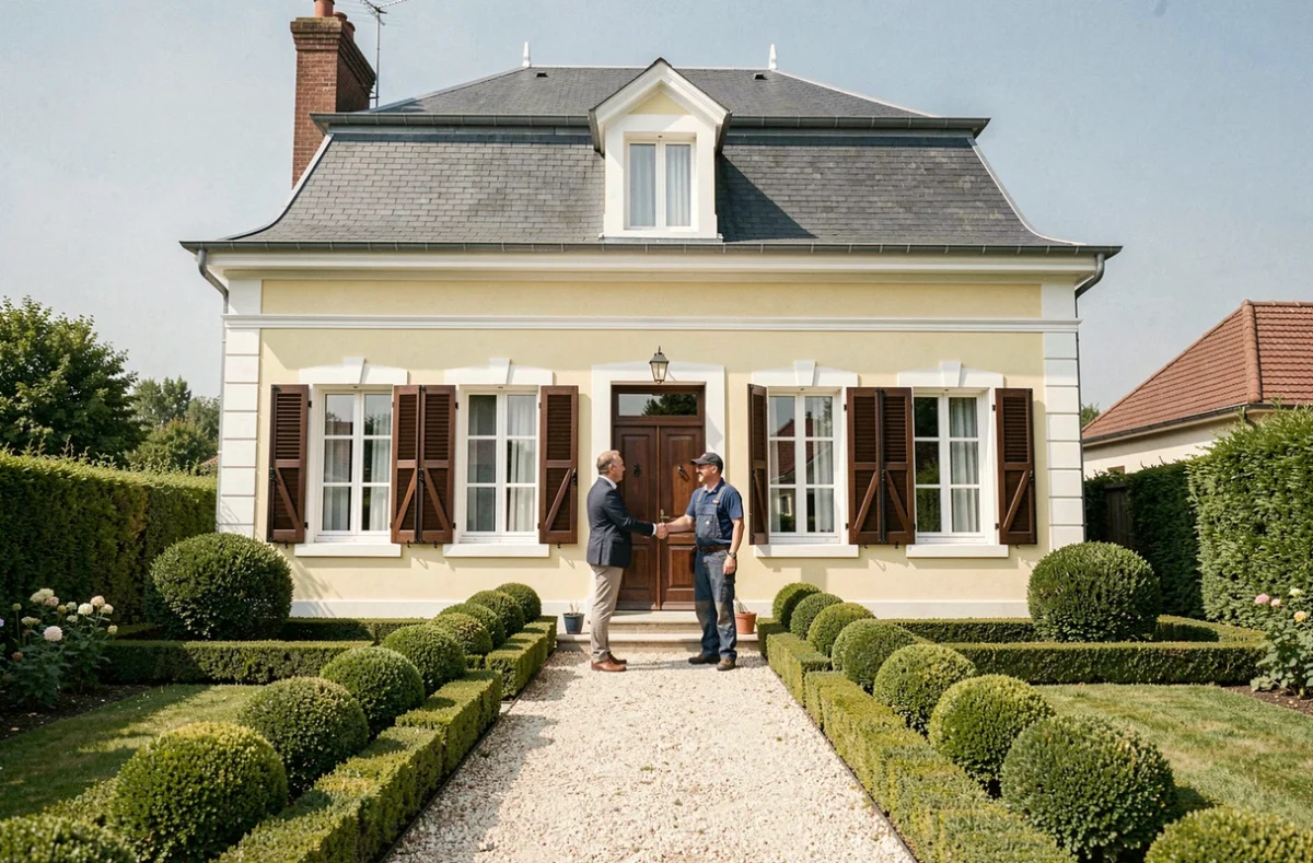 Remise de clés d'une maison traditionnelle à façade jaune pâle construite par Maison Tradition entre propriétaire et constructeur en Charente