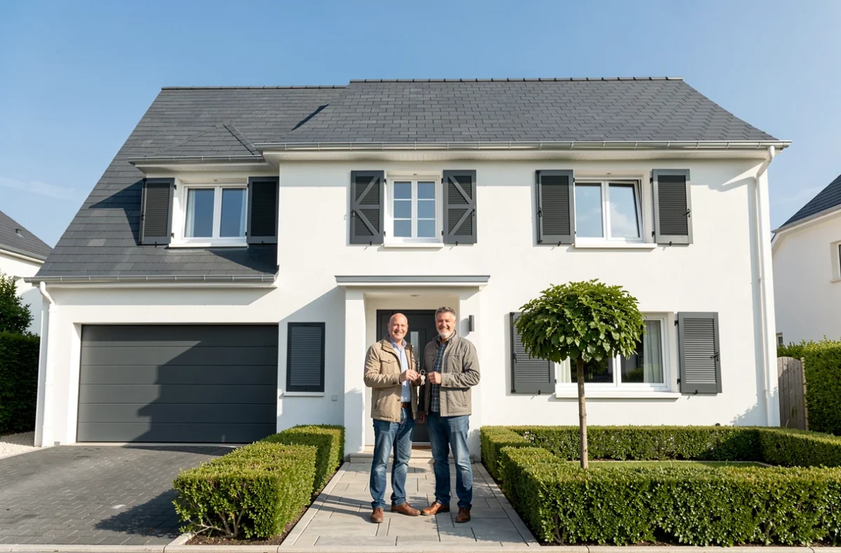 Couple devant leur maison neuve construite par Maisons Babeau Seguin avec façade blanche et volets gris en Charente