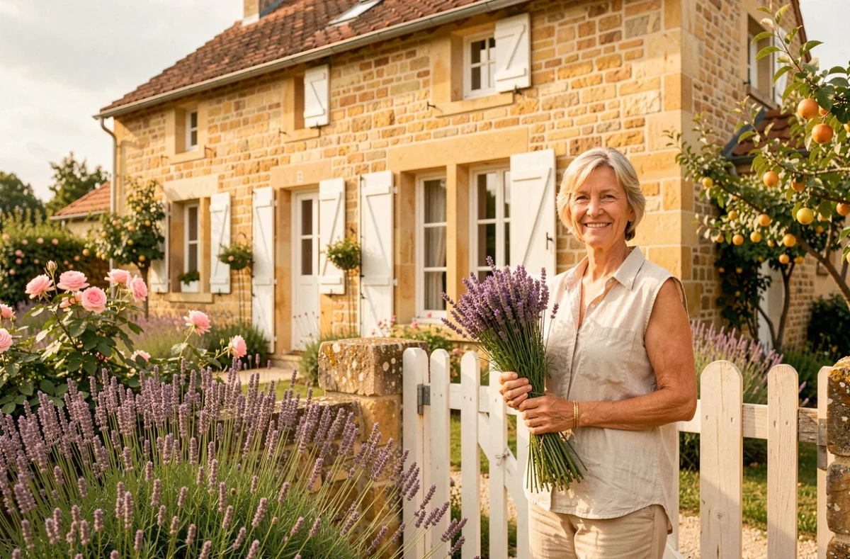 Femme devant une maison de caractère en pierre charentaise construite par Maisons Chantal B avec jardin fleuri en Charente rurale