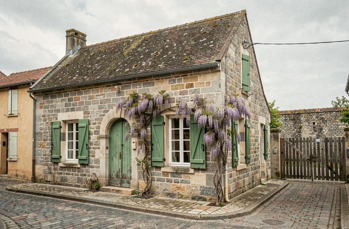 Maison charentaise typique en pierre calcaire avec volets verts et porte cintrée construite par Maisons Charentaises dans un village