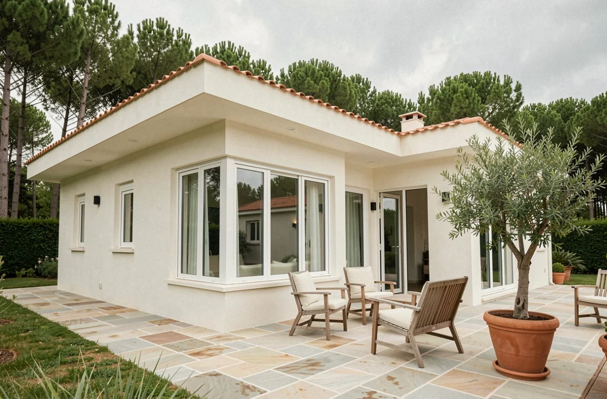 Maison contemporaine de style côtier construite par Maisons Elysées Océan avec grandes baies vitrées et terrasse en Charente