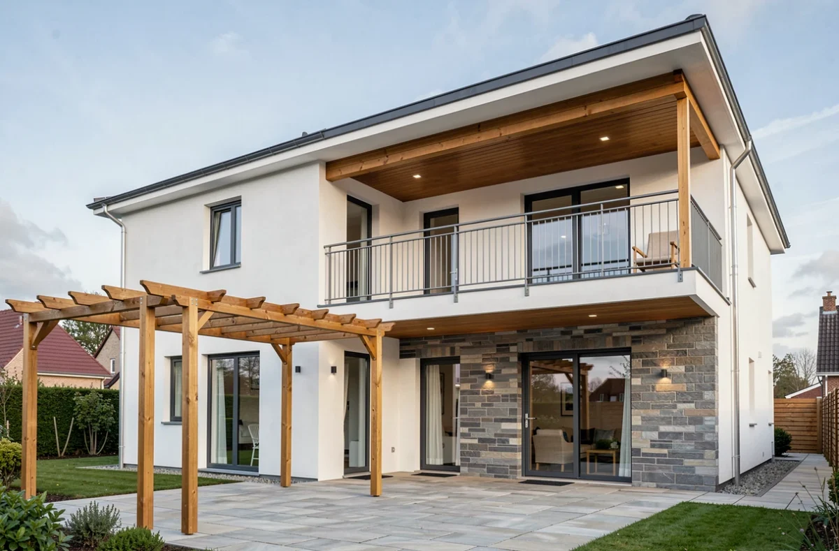 Maison contemporaine à étage construite par Maisons MCA dans le Gers, avec toit monopente et balcon sur jardin aménagé