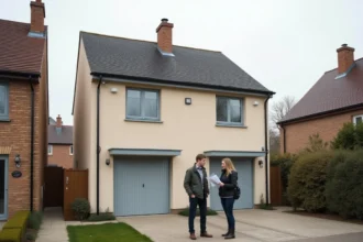 Couple examinant des documents devant deux maisons mitoyennes par le garage dans un quartier résidentiel pavillonnaire français