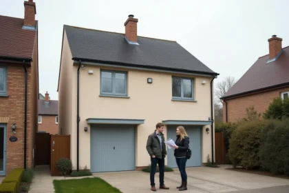 Couple examinant des documents devant deux maisons mitoyennes par le garage dans un quartier résidentiel pavillonnaire français