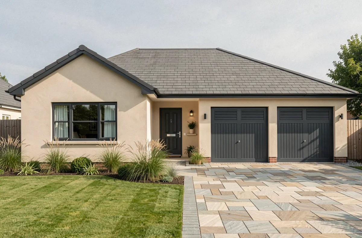 Maison plain-pied construite par Maisons SIC dans le Gers, avec façade en enduit beige et menuiseries anthracite