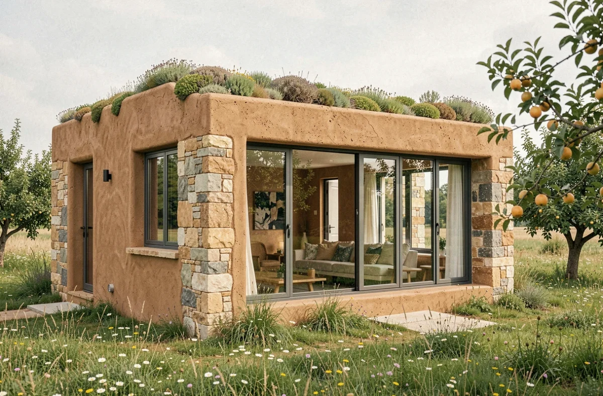 Maison écologique en pisé et pierre construite par Maisons Terre du Sud dans le Gers, avec toit végétalisé et jardin naturel