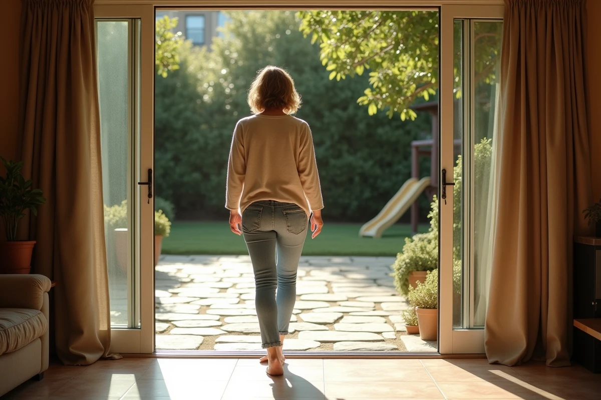 Maman dans le patio ensoleille avec jardin