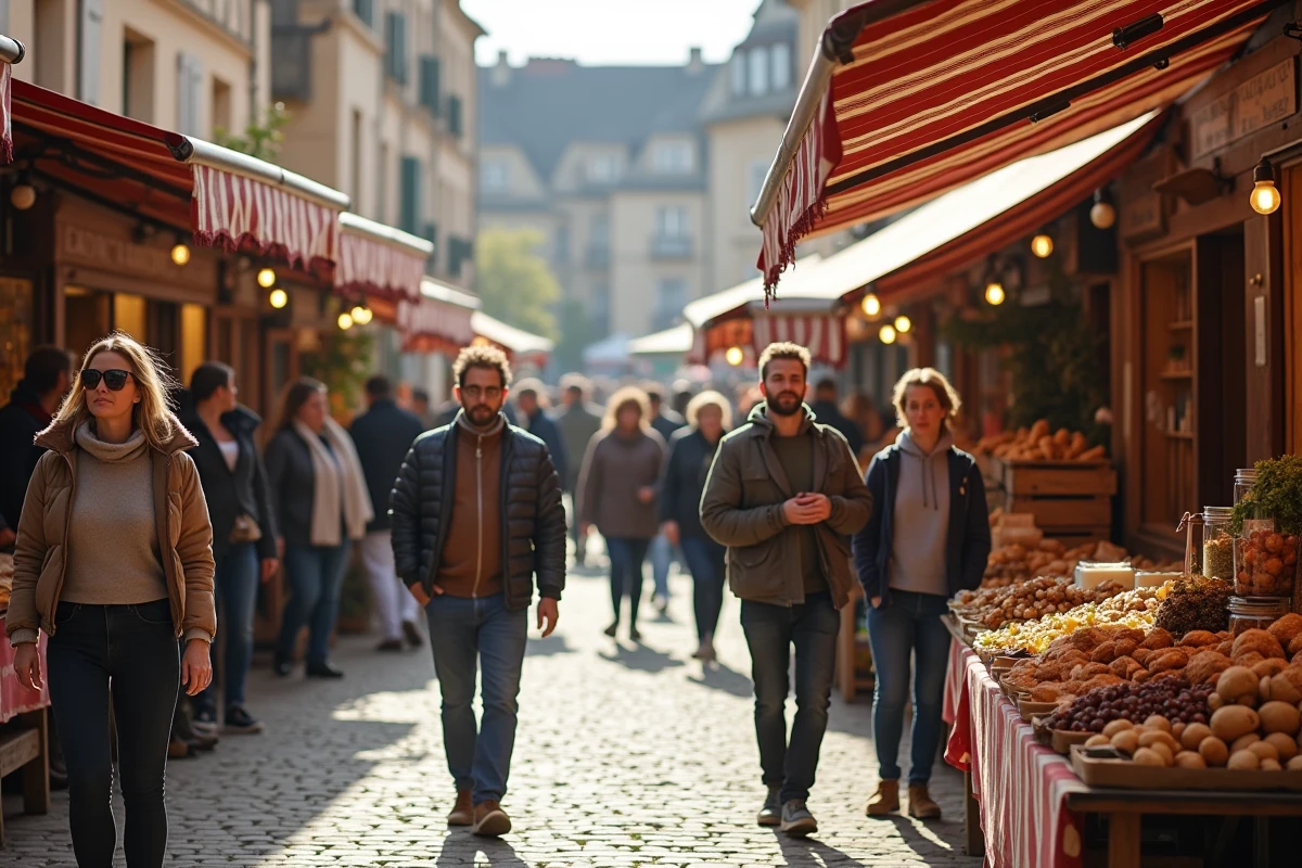 Marché animé en plein air dans le centre historique de Bergerac avec étals de produits locaux et habitants du quartier