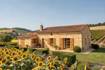 Maison individuelle construite dans le Gers, entourée de collines et de champs de tournesols typiques de la région occitane