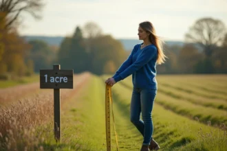 Femme mesurant un terrain avec une bande à mesurer