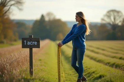 Femme mesurant un terrain avec une bande à mesurer
