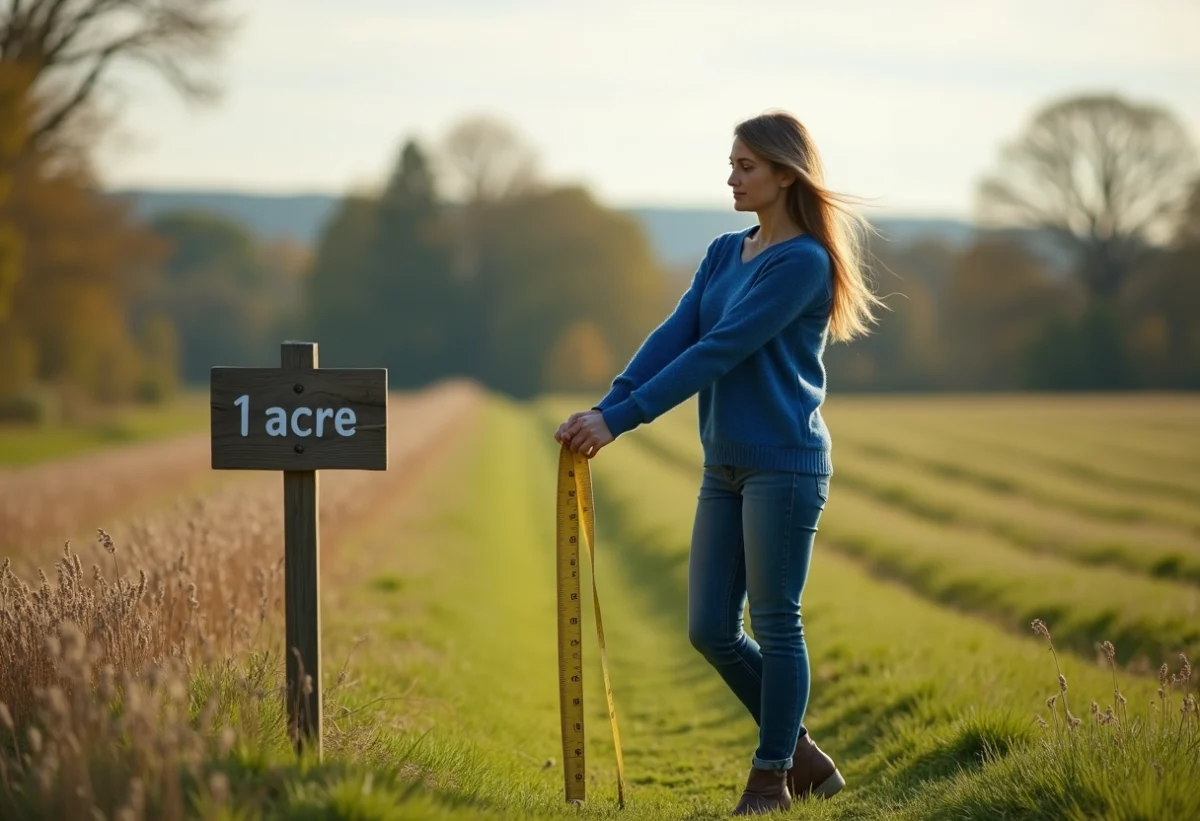Femme mesurant un terrain avec une bande à mesurer