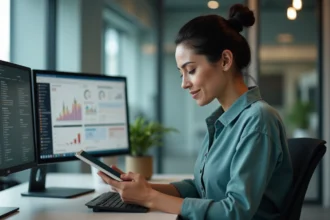 Femme professionnelle consultant un tableau de bord de migration de données sur tablette et écrans dans un bureau moderne