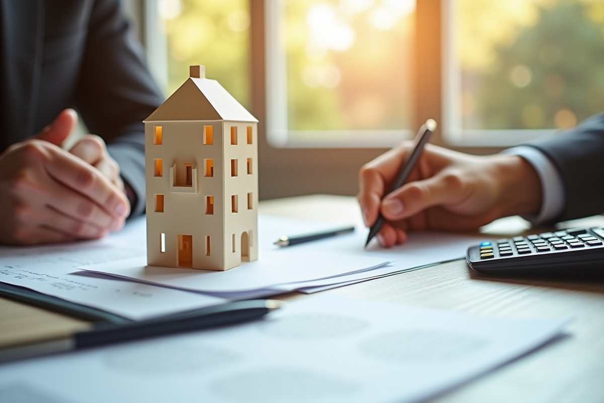 Main tenant un modèle immobilier avec contrat et calculatrice