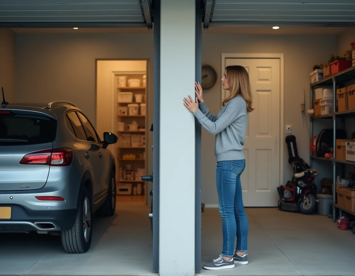 Propriétaire inspectant le mur mitoyen dans un garage partagé entre deux maisons accolées avant une revente immobilière