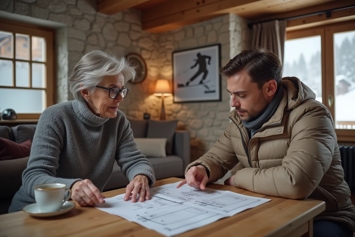 Négociation de vente entre propriétaire et acheteur autour d'un plan d'appartement dans un chalet aux Menuires