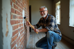 Homme nettoyant un mur en briques avec une brosse