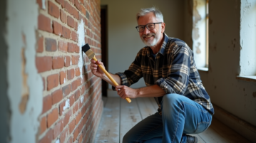 Homme nettoyant un mur en briques avec une brosse