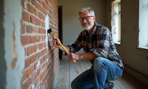 Homme nettoyant un mur en briques avec une brosse