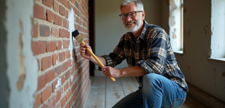 Homme nettoyant un mur en briques avec une brosse