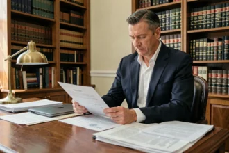 Notaire en costume sombre examinant un acte de vente immobilière dans un bureau juridique classique avec bibliothèque en fond