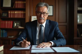 Notaire en costume examinant des documents dans son bureau