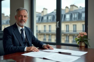 Notaire en costume dans un bureau parisien élégant