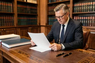 Notaire en costume marine examinant un pré-état daté vierge sur un bureau en bois dans une étude notariale traditionnelle