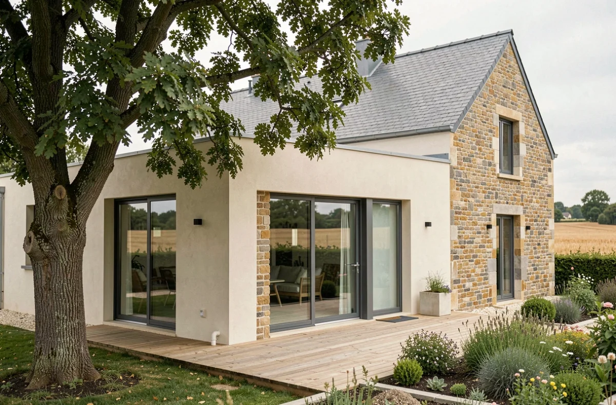 Maison individuelle moderne construite par Olivier Quentin dans le Gers, mêlant enduit clair et pierre naturelle apparente