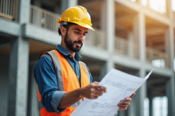 Ouvrier confiant examinant plans architecturaux sur site