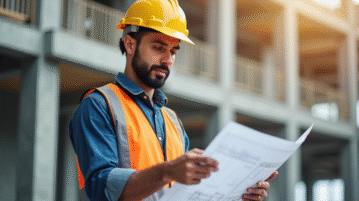 Ouvrier confiant examinant plans architecturaux sur site