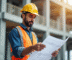 Ouvrier confiant examinant plans architecturaux sur site