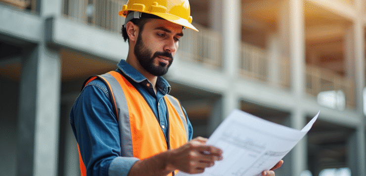 Ouvrier confiant examinant plans architecturaux sur site