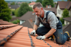 Couvreur middleaged posant sur le toit avec tuiles en terre cuite