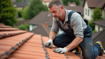 Couvreur middleaged posant sur le toit avec tuiles en terre cuite