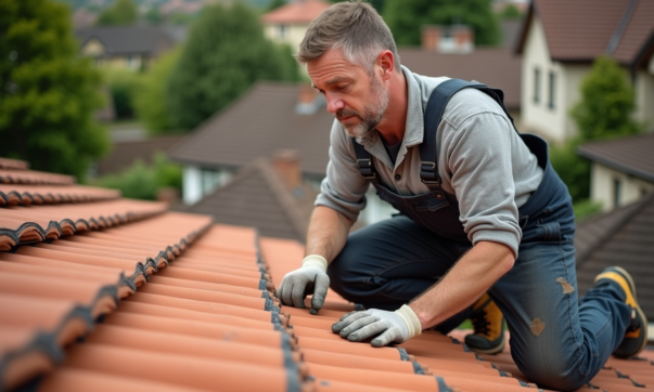 Couvreur middleaged posant sur le toit avec tuiles en terre cuite