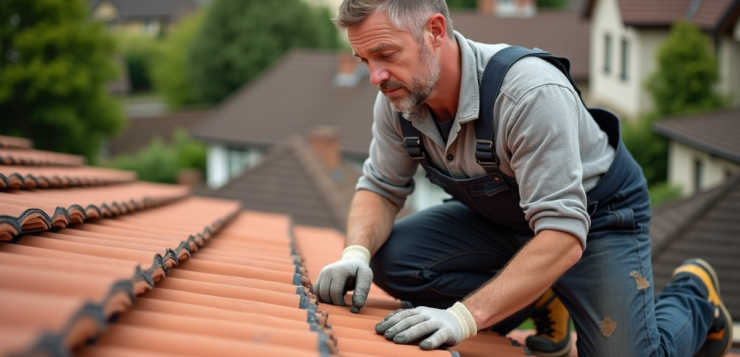 Couvreur middleaged posant sur le toit avec tuiles en terre cuite