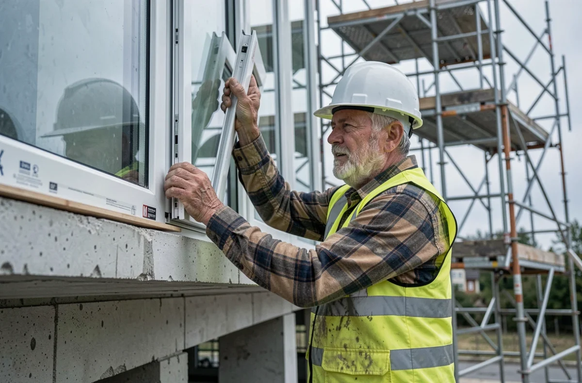 Ouvrier du bâtiment installant des fenêtres à triple vitrage sur un chantier de construction de logements durables
