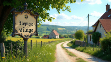 Panneau d'entrée d'un village rural en France ensoleillé